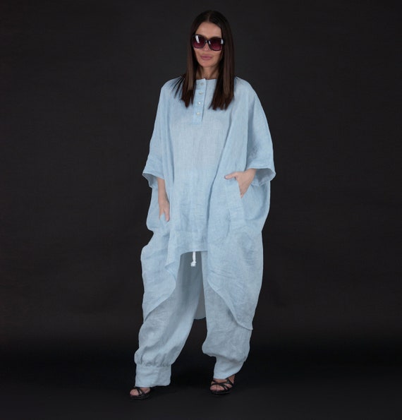 Blue Linen Set, Loose Tunic Top, Wide Leg Pants and Top Alison