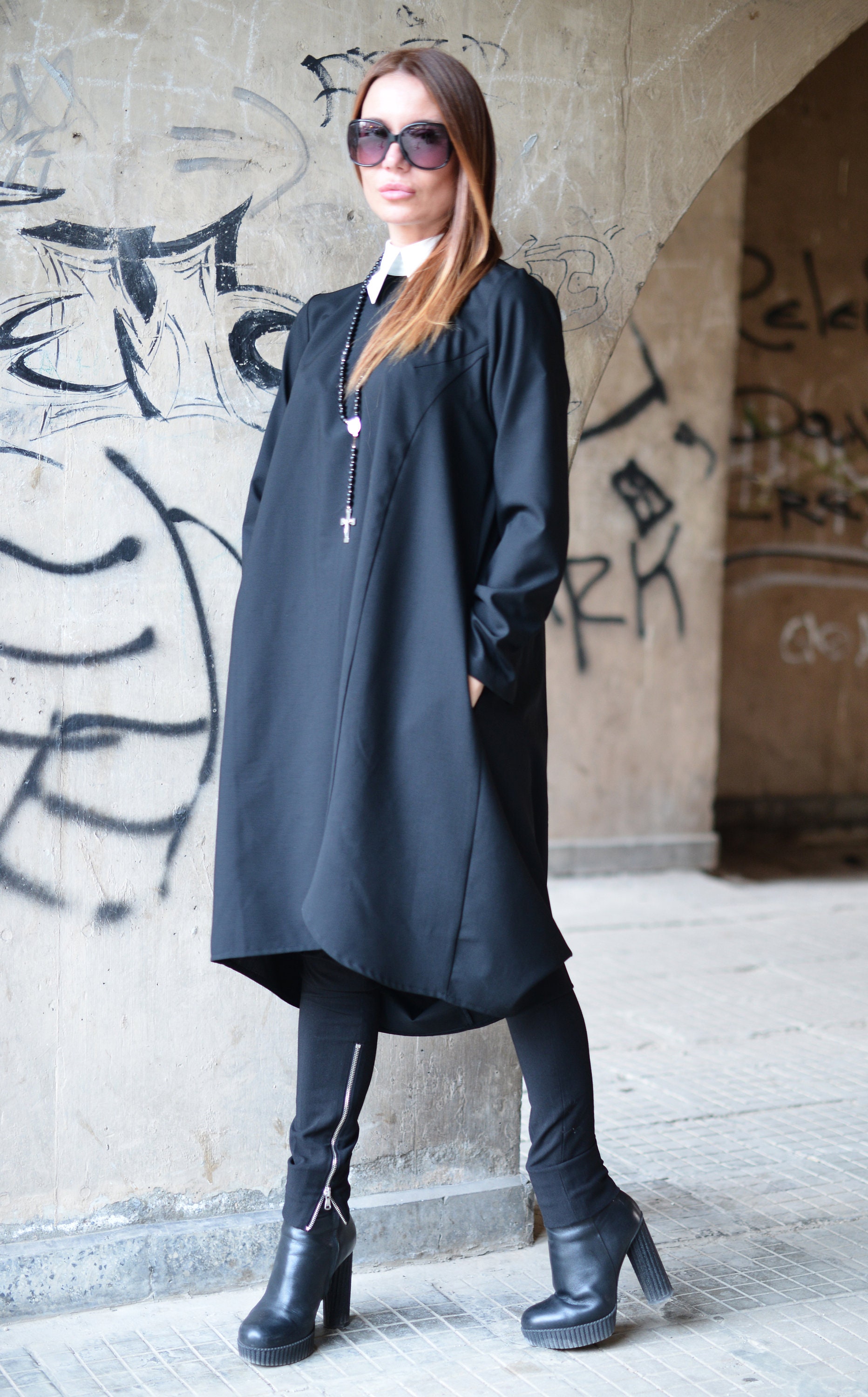 Black Dress Collar Dress Gothic Dress Asymmetrical Dress | Etsy