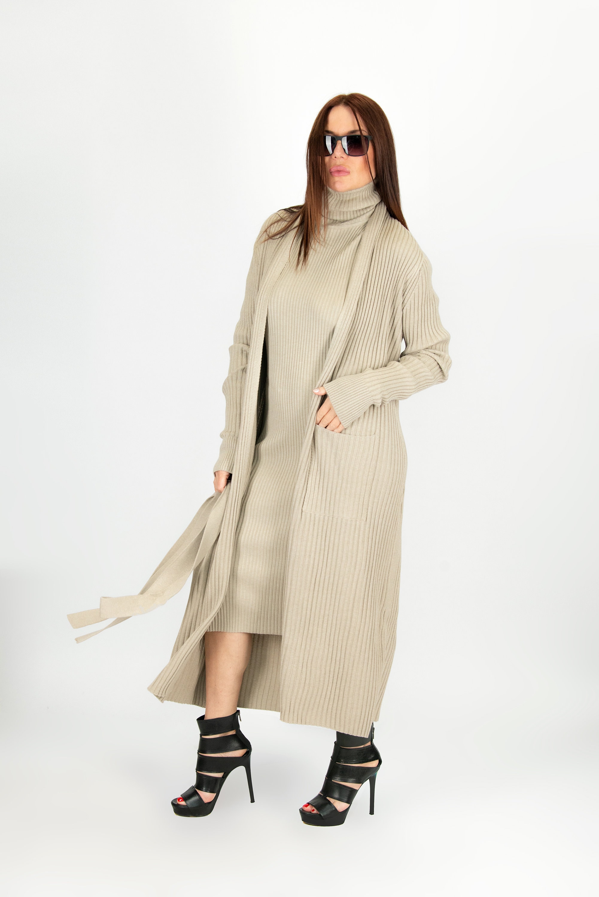 Knitted Dress With Vest, Elegant Beige Midi Dress Set