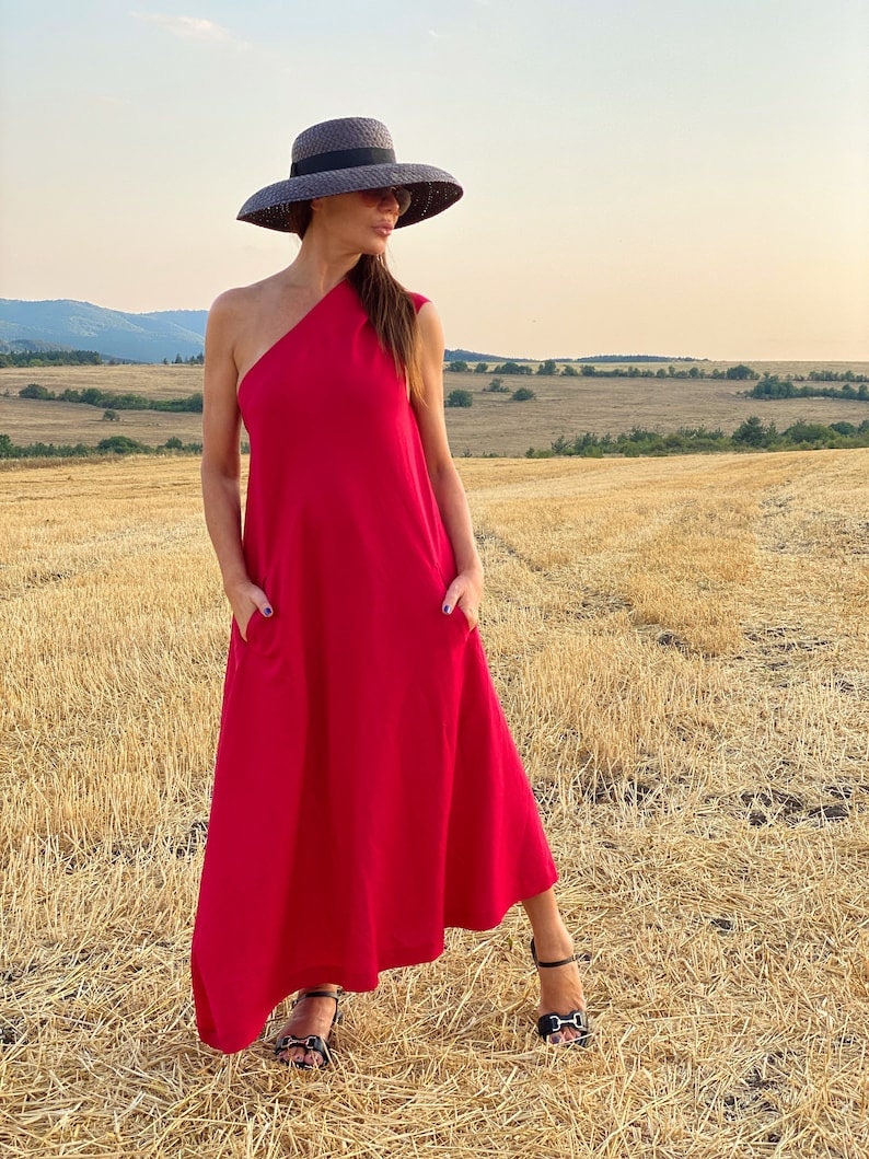 Women One Shoulder Dress, Asymmetrical Linen Dress for Women