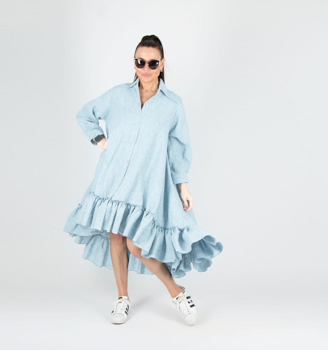 Shirt Dress Blue Linen Dress Linen Flounces Dress Linen | Etsy