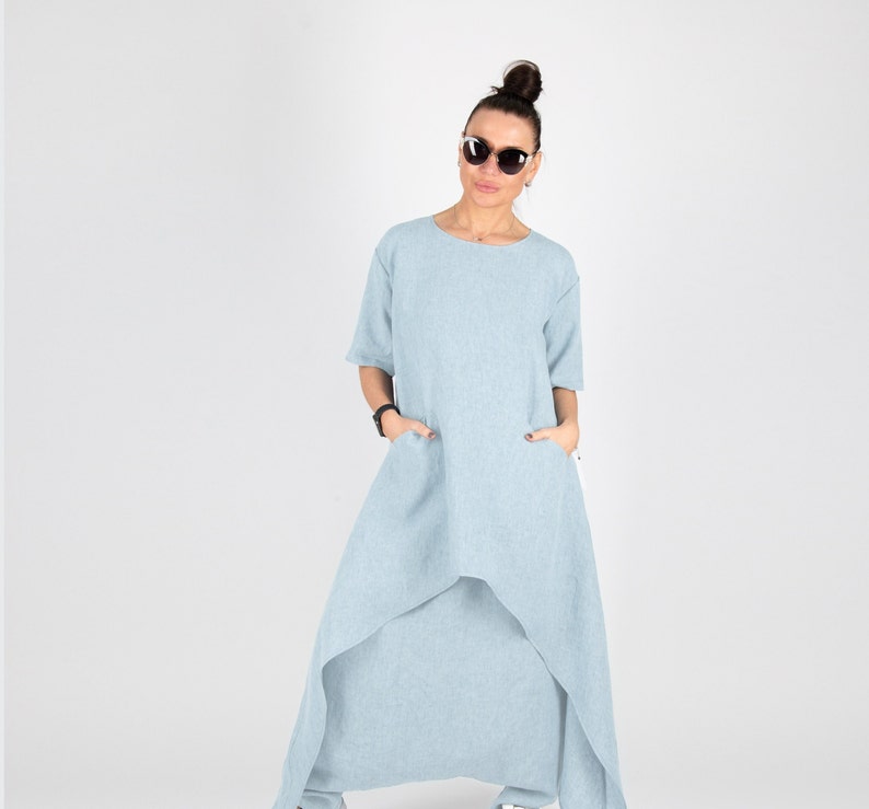 Loose Harem Pants Set, Women Two Piece Outfit, Two Piece Linen Set, Summer Co-Ord Set LAUREN SE0415LE Light Blue