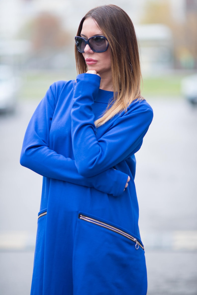 Women kaftan dressLong Kaftan dress with Big PocketsBlue Zipper DressMaxi Cotton DressPlus Size Dress women dress by EUG DR0137PM