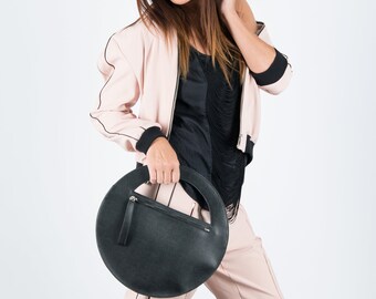 Black Round Purse, Round Leather Bag, Women clutch, Genuine Leather Clutch bag for Women, Leather Clutch Bag - BA0869LD