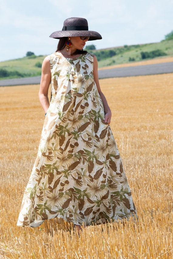 Summer Floral Linen Dress Long Caftan Dress for Women Hawaiian