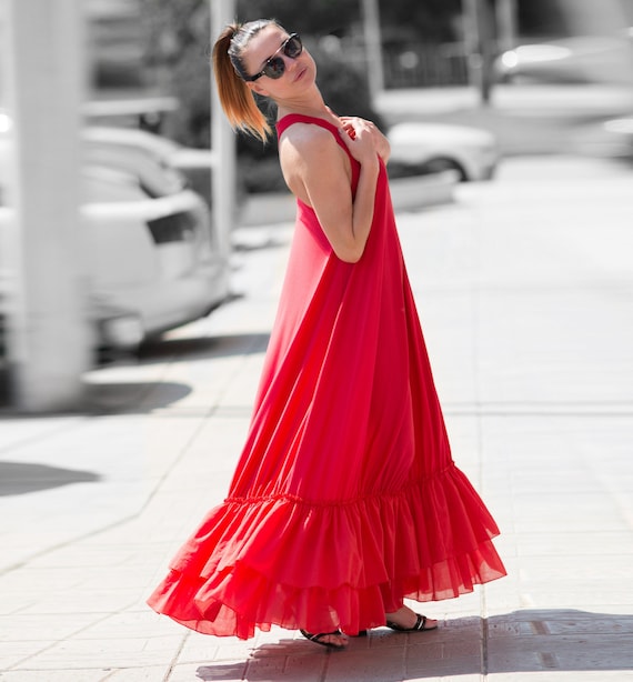 Red Maxi Dress, Red Maxi Dress, Womens Day Wear Clothing, Plus