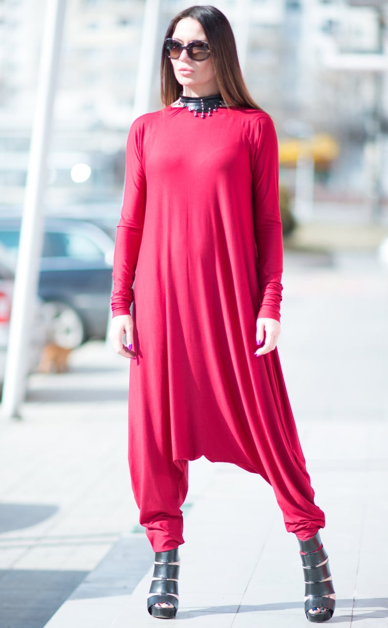 Dark Red Round Neck Hijab Jumpsuit WomensDrop Crotch Harem JumpsuitPlus Size Loose JumpsuitCotton Long Sleeve Jumpsuit JP0368TR