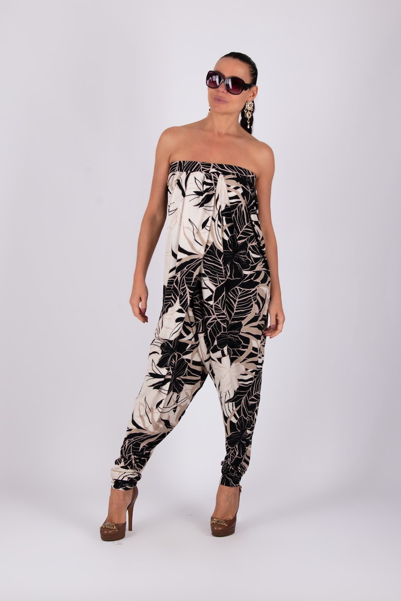 Floral Off-Shoulder Women Jumpsuit, Drop Crotch Harem Jumpsuit ELIF JP0648TR image 7