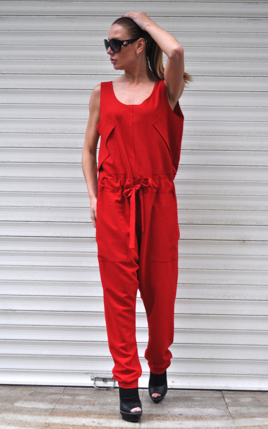 red sleeveless romper