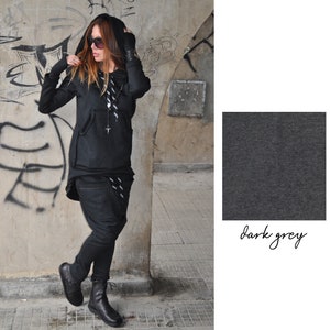 Asymmetrical Streetwear Hoodie, Warm Cotton Winter Sweater, Plus Size Dark Grey