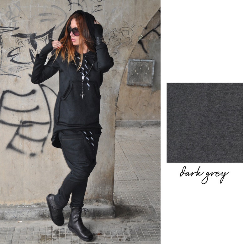 Asymmetrical Streetwear Hoodie, Warm Cotton Winter Sweater, Plus Size Dark Grey