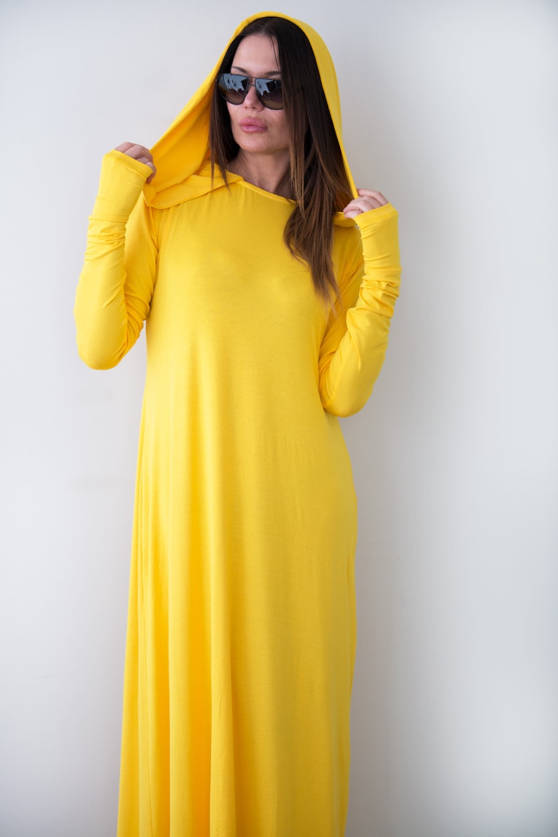 Yellow Women Cotton Hooded Dress/Loose Maxi Dress/Hooded Maxi Etsy