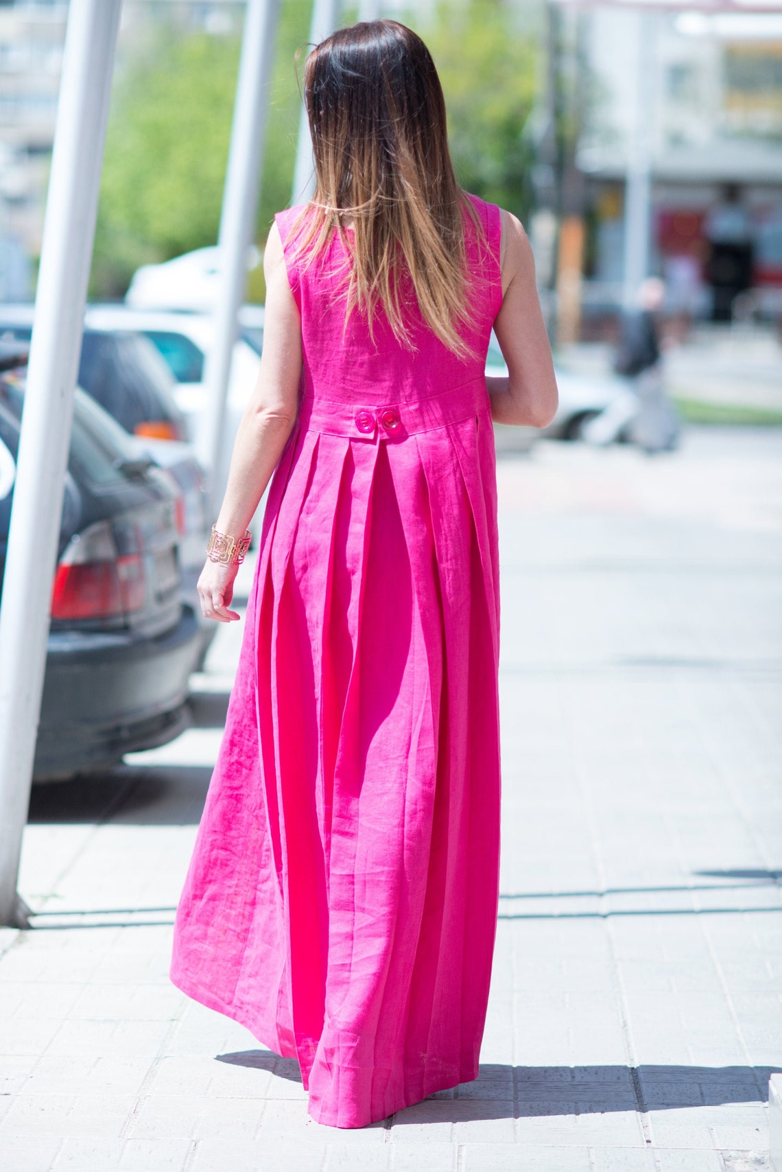 Pink Linen Long Dress/ Hot Pink Linen Maxi Dress/Sleeveless Etsy