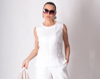 White Linen Sleeveless Top, Relaxed Fit Summer Blouse Genoa