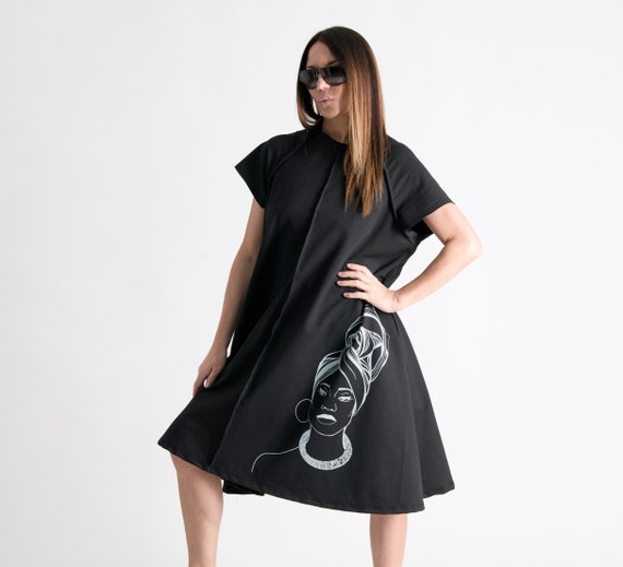 African Woman Print Cotton A-Line Dress, Summer Midi Dress