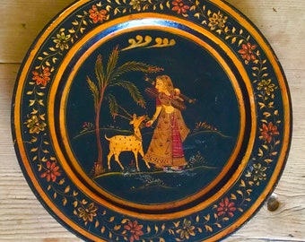 Antique Indian Painted Wood Plate