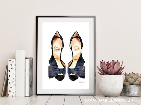 Shoes Shoe art Black bow heels watercolor Fashion | Etsy