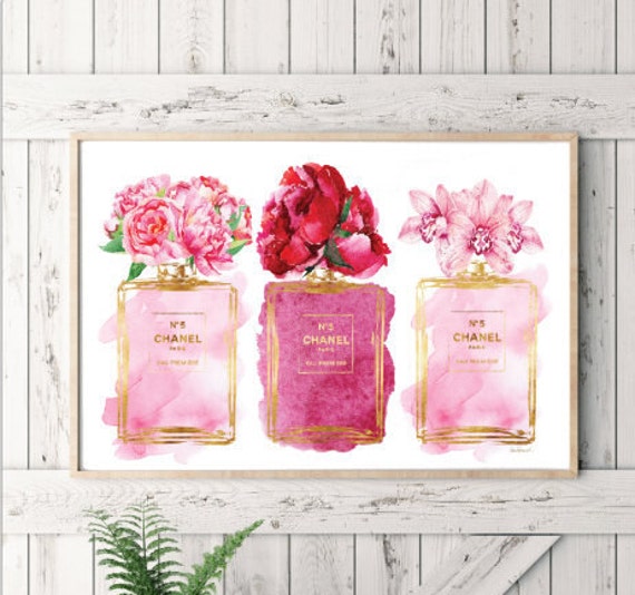 Perfume Watercolor Flower Peony Orchid Pink Gold Watercolour Bathroom Decor Bedroom Decor Fashion Illustration Ombre Make Up Gift