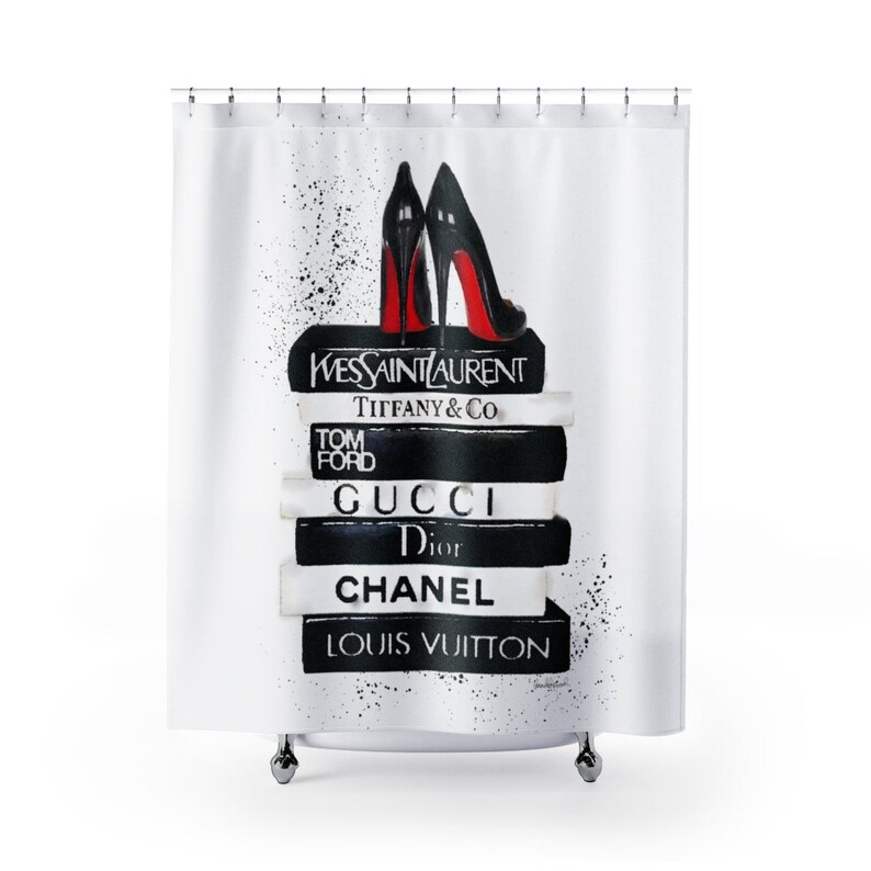 Shower Curtain Black And White Shoes Red Sole Books Etsy