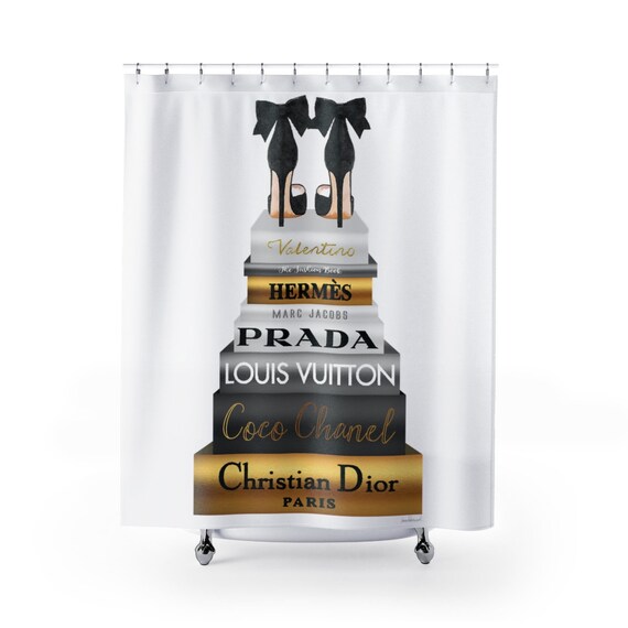 Shower Curtain Fashion Books Shoes Gold Make Up Ilration Fashionista Designer Bathroom