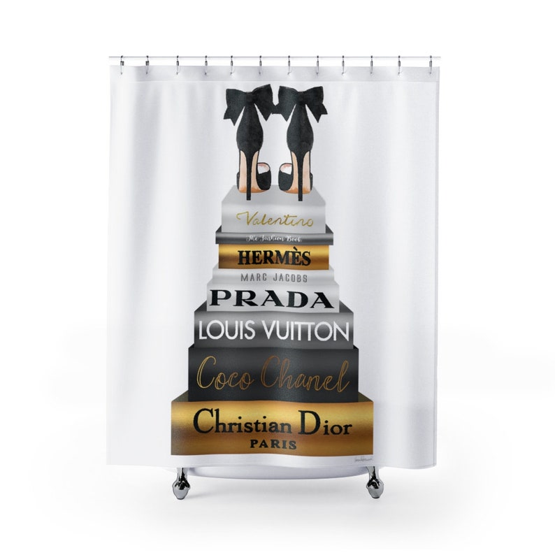 Shower Curtain Fashion Books Shoes Gold Make Up Image 0