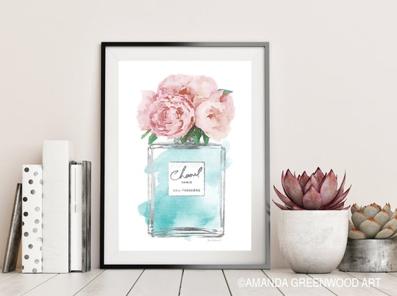 Teal Silver Blush Pink Peony Perfume Bottle Illustration Fashion Amanda Greenwood Watercolor Wall Art Makeup Bedroom Bathroom