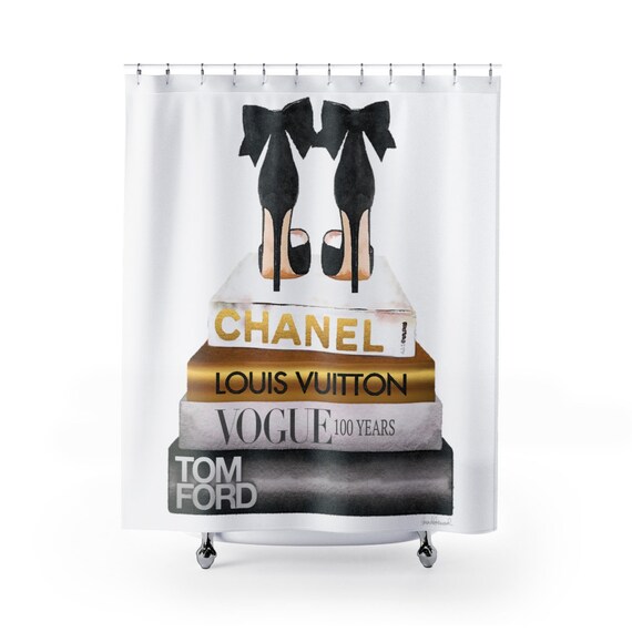 Shower Curtain Fashion Books Shoes Gold Make Up Ilration Fashionista Designer Bathroom