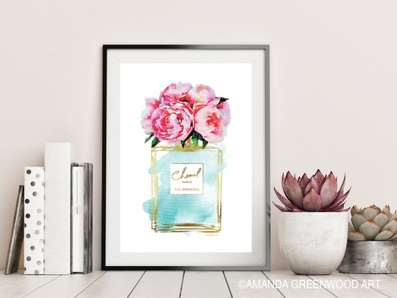 Pink Teal Gold Peony Peonies Perfume Bottle Fashion Illustration Fashion Amanda Greenwood Watercolor Makeup Bedroom Bathroom
