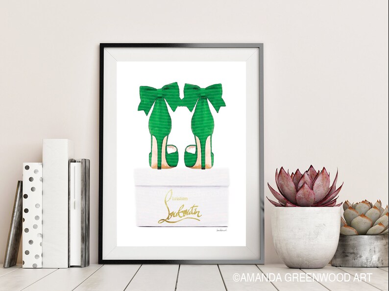 Green Emerald Gold Shoes Box Shoe Art Bow Fashion Illustration Fashion Amanda Greenwood Watercolor Wall Art Bedroom Decor Gift