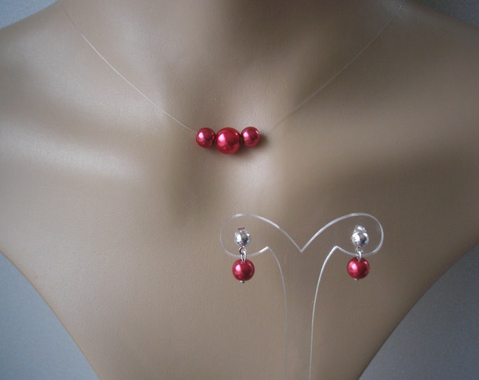 Simple Floating Pearls Illusion Necklace /& Stud Earrings Set Minimal Wedding Jewelry for women brides Pearl Jewelry Set for Bridesmaids