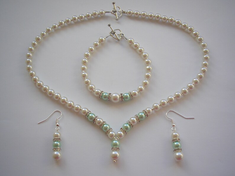 Ivory and Mint Green Pearl with Silver Crystal Diamante Necklace Bracelet /& Earrings Jewelry Set for women Brides Bridesmaids Weddings Gifts