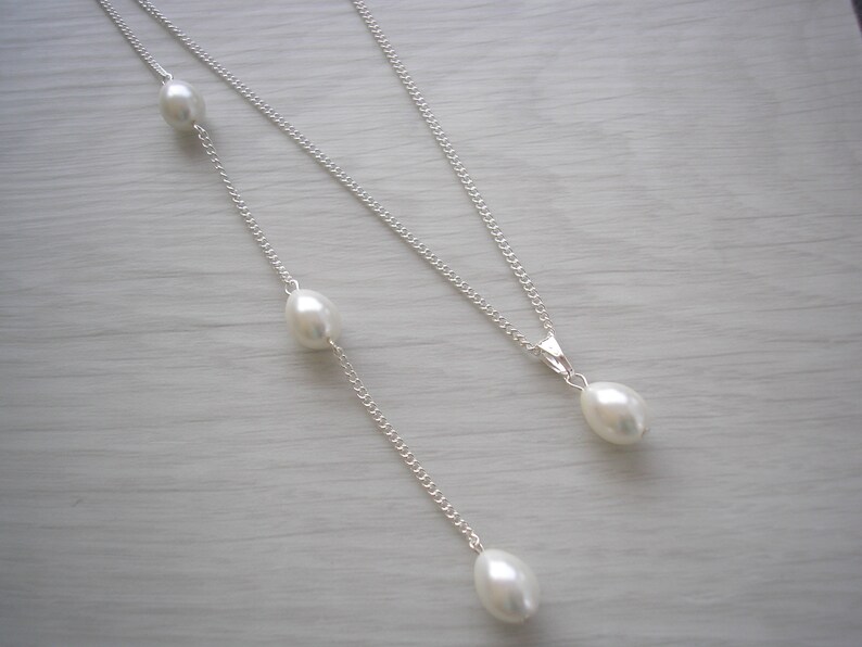 Pure White Teardrop Pearl Back Necklace Set Pearl Set Backdrop Necklace /& Stud Earrings Jewelry Set White Wedding Jewelry Set