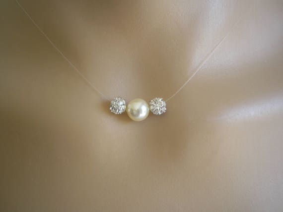 Single Floating Pave Diamante Illusion Necklace Silver or Gold plated 44i