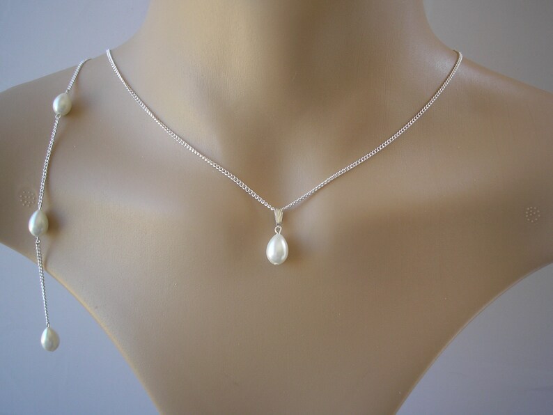 Pure White Teardrop Pearl Back Necklace Set Pearl Set Backdrop Necklace /& Stud Earrings Jewelry Set White Wedding Jewelry Set