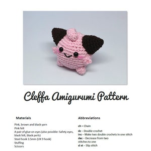 Könnte beinhalten: Ein rosa Cleffa Amigurumi Häkelmuster mit braunen Ohren und schwarzen Augen. Das Muster enthält Materialien und Abkürzungen zum Häkeln des Spielzeugs.