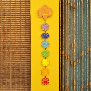 Op de afbeelding: Een wandhanger met zeven kleurrijke chakra-symbolen, die elk een ander energiepunt in het lichaam vertegenwoordigen. De symbolen zijn verticaal gerangschikt, beginnend met het wortelchakra onderaan en eindigend met het kroonchakra bovenaan. De symbolen zijn gemaakt van hout en geschilderd in levendige kleuren.