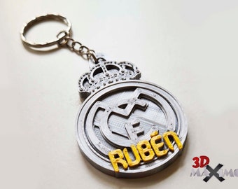 Soccer keychain, personalized with your name, Real Madrid crest with your name, soccer gift, FC Barcelona and Valencia CF, Soccer sport.