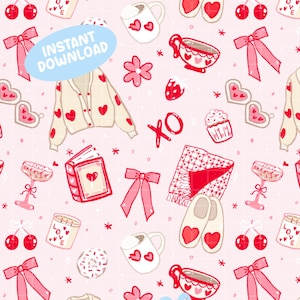 コケットバレンタインシームレスパターンPNGピンクのリボンハートカーディガンコージーガーリーデジタルペーパー昇華生地デザイン商用利用手描き