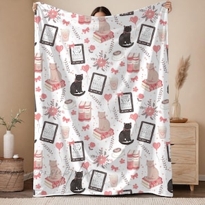 Bookish Cat Throw Blanket Coquette Pink Bow Booktok E-Reader Coffee Books Cat Mom Gift Velveteen Plush Book Lover Reading Nook Cozy Gift