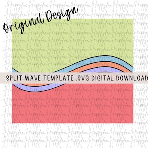 Può includere: Un modello di onda divisa scaricabile digitalmente. Il modello presenta un design di onda verde, arancione, blu e viola con un contorno nero. Il testo "SPLIT WAVE TEMPLATE .SVG DIGITAL DOWNLOAD" è nella parte inferiore dell'immagine.