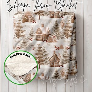 Sherpa Fleece Blanket | Neutral Gingerbread Houses | Winter Blanket | Christmas Blanket | Cottagecore | Holiday