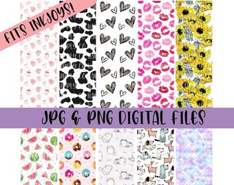 High Quality Seamless Glitter Pen Digital Template 10 Pack Cow Coffee Leopard Heart Lips Sunflowers Watermelon Donuts Waterslide Wrap