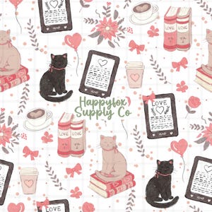 Patrón sin costuras de gatos lectores electrónicos, 300 DPI PNG, descarga instantánea, papeles digitales, vinilo, tela, diseño de superficie, gatos, libros, archivo, amante de los libros