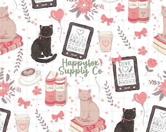 Bookish Cats E-Reader Seamless Pattern 300 DPI PNG Instant Download Digital Papers Vinyl Fabric Surface Design Cats Books File Book lover
