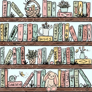 Peut inclure: Une étagère à quatre niveaux remplie de livres colorés. Les livres ont des titres comme "Printemps", "Pâques", "Marguerites", "Botanique", "Changement" et "Heureux". Il y a aussi de petits objets décoratifs sur les étagères, comme un panier d'œufs, un arrosoir, une plante en pot et un lapin.
