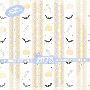 May include: A digital seamless pattern with Halloween motifs. The design incorporates bats, pumpkins, and fish bones, arranged on vertical stripes in yellow, grey, and white. The text "INSTANT DOWNLOAD" is visible.