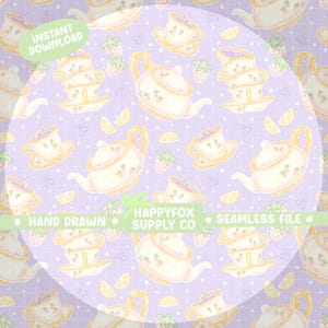 May include: A repeating pattern of teacups, teapots, strawberries, and lemon slices on a light purple background. The design includes the text "INSTANT DOWNLOAD", "HAND DRAWN", "HAPPYFOX SUPPLY CO", and "SEAMLESS FILE".