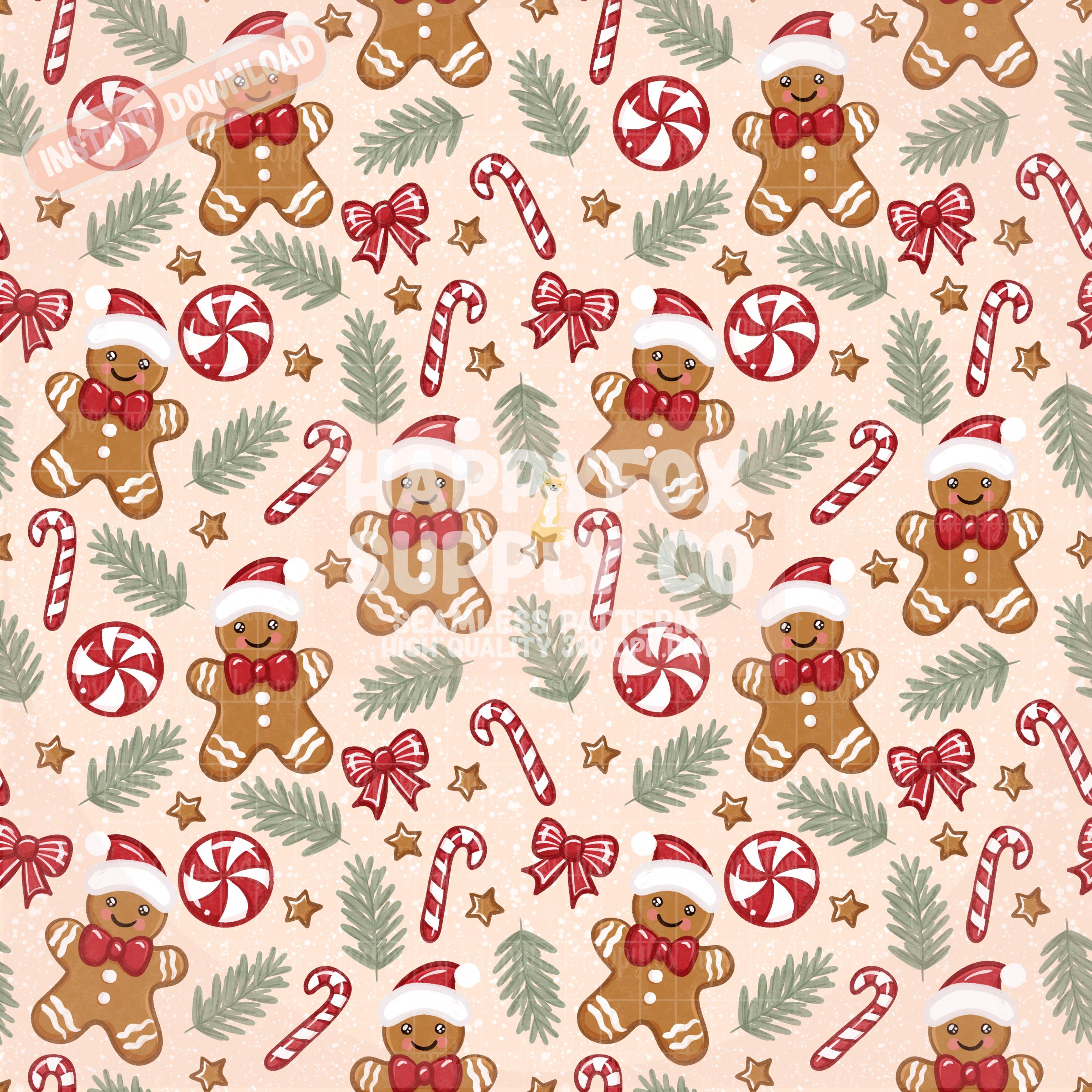 Gingerbread Kerstman Candy Cane Pepermunt Naadloze Patroon Download Digitale Papieren Vinyl Stof Oppervlakteontwerp Winterpatroon Kerststrikken