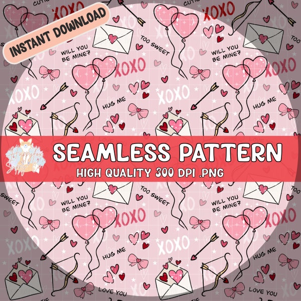 Cute Valentines Day Seamless Pattern 300 DPI PNG Instant Download for Digital Papers Vinyl Fabric Surface Design Heart Balloons Love Letters