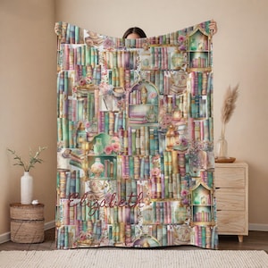 Personalized Book Lover Blanket, Bookshelf Library Throw, BookTok Gift, Custom Name Blanket, Librarian Gift, Cottagecore Reading Nook Decor
